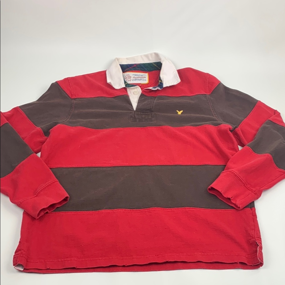 Vintage American Eagle Outfitters Sportswear Red Brown Striped Rugby top Large